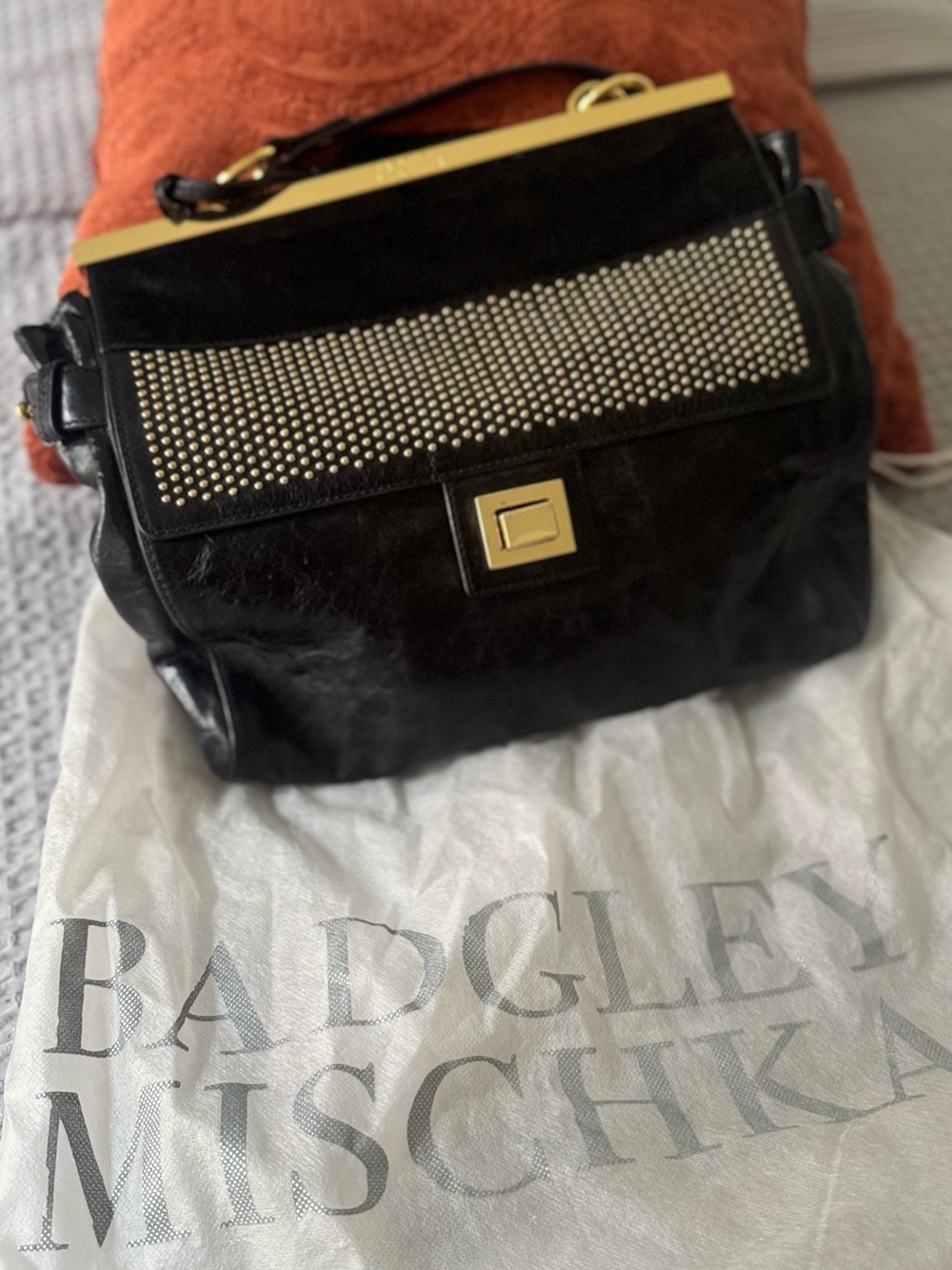 Badgley Mischka Black Leather Studded Top-Handle Satchel with Gold Hardware